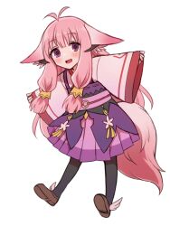 Rule 34 | 1girl, :d, animal ear fluff, animal ears, antenna hair, apo 518, black pantyhose, blush, brown footwear, fox ears, fox girl, fox tail, full body, highres, hina (rune factory), japanese clothes, long hair, long sleeves, looking at viewer, obi, open mouth, pantyhose, pink hair, pink tail, purple eyes, purple pupils, ribbon trim, rune factory, rune factory 5, sash, shoes, smile, solo, tail, wide sleeves, winged footwear