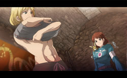 Rule 34 | 2girls, 71, abs, blonde hair, breasts, brown hair, closed mouth, clothes lift, commentary request, kaze no tani no nausicaa, kushana, letterboxed, multiple girls, nausicaa, navel, shirt lift, short hair, studio ghibli, tagme