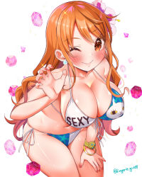 Rule 34 | 1girl, ;), alternate costume, bikini, blush, breasts, claw pose, cleavage, closed mouth, commentary request, earrings, flower, gem, hair flower, hair ornament, hand on own knee, jewelry, large breasts, looking at viewer, nail polish, nami (one piece), navel, official alternate costume, one eye closed, one piece, orange eyes, orange hair, print bikini, s sasaki 09140, shiny skin, side-tie bikini bottom, simple background, smile, solo, standing, swimsuit, thong, thong bikini, twitter username, white background, white bikini, wide hips