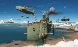 Rule 34 | aircraft, airship, aoi waffle, cable, cloud, dieselpunk, flag, flying, highres, military, military vehicle, moon, no humans, ocean, rusty front, science fiction, signature, smoke, vehicle focus