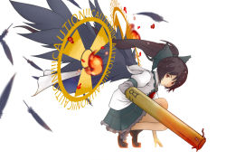 Rule 34 | 1girl, bow, brown hair, female focus, full body, gokashi, hair bow, highres, long hair, md5 mismatch, red eyes, reiuji utsuho, resolution mismatch, solo, source smaller, touhou, white background, wings