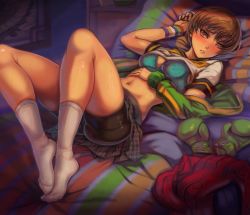 Rule 34 | 1girl, absurdres, bed, bike shorts, bike shorts under skirt, boxing gloves, bra, breasts, brown hair, clothes lift, highres, looking at viewer, lying, on back, parted lips, persona, persona 4, pillow, satonaka chie, school uniform, shirt lift, short hair, socks, solo, thighs, toasty scones, underwear, white socks, wristband, yasogami school uniform