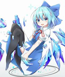 Rule 34 | 1girl, :d, absurdres, black thighhighs, blue dress, blue eyes, blue hair, blush, bow, cirno, dress, floating, hair between eyes, hair bow, highres, ice, iyo (ya na kanji), knees up, looking at viewer, neck ribbon, no shoes, open mouth, pinafore dress, puffy short sleeves, puffy sleeves, red ribbon, ribbon, shirt, shirt under dress, short hair, short sleeves, simple background, skirt hold, sleeveless dress, smile, solo, sparkle, thighhighs, touhou, white background, white shirt, wing collar, wings