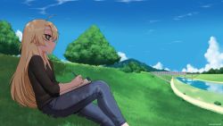 Rule 34 | 1girl, ahoge, black shirt, blonde hair, blouse, blue eyes, blue sky, cloud, commission, day, denim, drawing, from side, grass, jeans, long hair, nature, new game!, outdoors, pants, river, riverbank, scenery, shirt, sketchbook, sky, solo, train, tree, water, yagami kou
