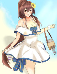 Rule 34 | 1girl, abataa, absurdres, adapted turret, anchor symbol, breasts, brown eyes, brown hair, cannon, cherry blossoms, cleavage, collarbone, cosplay, cowboy shot, dress, flower, highres, kantai collection, large breasts, long hair, off-shoulder dress, off shoulder, ponytail, solo, sundress, sunflower, turret, white dress, yamato (kancolle), yukikaze (kancolle), yukikaze (kancolle) (cosplay)