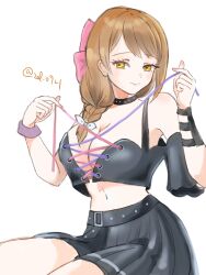 Rule 34 | 1girl, absurdres, bare shoulders, black choker, black shirt, black skirt, braid, breasts, brown hair, choker, cleavage, commentary request, cosplay, crop top, fire emblem, fire emblem engage, goldmary (fire emblem), hair ribbon, hands up, highres, large breasts, long hair, looking at viewer, midriff, miniskirt, navel, nintendo, off-shoulder shirt, off shoulder, pleated skirt, ribbon, rosado (fire emblem), rosado (fire emblem) (cosplay), shirt, short sleeves, simple background, sitting, skirt, smile, solo, stomach, white background, white ribbon, yellow eyes, zel 0921
