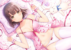 Rule 34 | 1girl, 6u (eternal land), arm garter, babydoll, bare shoulders, bed sheet, bow, bow panties, breasts, brown eyes, brown hair, cleavage, closed mouth, collarbone, commentary request, frilled pillow, frills, hair between eyes, katou megumi, looking at viewer, lying, medium breasts, navel, on back, panties, pillow, saenai heroine no sodatekata, short hair, smile, solo, strap slip, stuffed animal, stuffed rabbit, stuffed toy, thighhighs, underwear, underwear only, white panties, white thighhighs, wrist cuffs