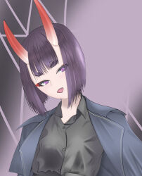 Rule 34 | 1girl, absurdres, alternate costume, black shirt, bob cut, demon girl, eyeliner, fang, fate/grand order, fate (series), highres, horns, looking at viewer, makeup, oni, open mouth, purple eyes, purple hair, shirt, short hair, shuten douji (fate), skin-covered horns, smile, solo, user tvny5553