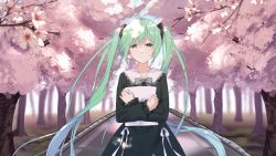 Rule 34 | 1girl, black dress, bow, branch, chinese commentary, closed mouth, collarbone, collared dress, commentary request, day, dress, eyebrows hidden by hair, flower, green bow, green eyes, green hair, hair between eyes, hatsune miku, highres, long hair, looking at viewer, mo (pixiv9929995), hugging object, outdoors, smile, solo, striped, striped bow, tree, very long hair, vocaloid, white flower