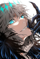 Rule 34 | 1boy, black cape, blue eyes, cape, fate/grand order, fate (series), grey hair, grin, hair between eyes, hand up, highres, looking at viewer, male focus, medium hair, oberon (fate), oberon (third ascension) (fate), poison17, portrait, shirt, simple background, smile, solo, spoilers, white background, white shirt