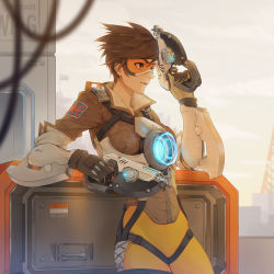Rule 34 | 1girl, bad id, bad pixiv id, bodysuit, bomber jacket, brown hair, dual wielding, gloves, goggles, gun, handgun, highres, holding, jacket, keikoku (kujira), leaning on object, lipstick, machinery, makeup, overwatch, overwatch 1, pistol, short hair, solo, tracer (overwatch), union jack, weapon