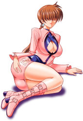 Rule 34 | 1girl, belt, boots, breasts, brown hair, cleavage cutout, clothing cutout, dress, earrings, full body, hair over eyes, hand on own hip, high heels, hip focus, jacket, jewelry, knee boots, large breasts, legs, lying, mokkouyou bond, on side, pink footwear, pink theme, ponytail, shermie (kof), shoes, simple background, snk, solo, the king of fighters