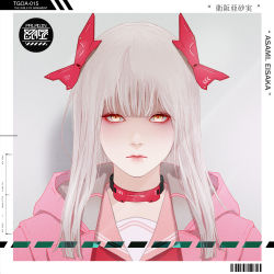 Rule 34 | 1girl, absurdres, barcode, blonde hair, blunt bangs, character name, closed mouth, collar, english text, grey background, headgear, highres, hood, hood down, hooded jacket, jacket, long hair, looking at viewer, open clothes, open jacket, park junkyu, pink jacket, pink lips, portrait, sailor collar, solo, the girls of armament, white hair