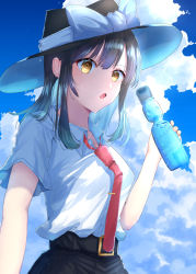 Rule 34 | 1girl, adapted costume, beach, belt, black belt, black hat, bottle, breasts, brown eyes, brown hair, cloud, cloudy sky, collared shirt, commentary request, day, erisauria, fedora, hat, highres, holding, holding bottle, looking at viewer, medium breasts, medium hair, necktie, open mouth, outdoors, ramune, red necktie, shirt, short ponytail, short sleeves, side ponytail, sky, solo, tie clip, touhou, usami renko, water bottle, white shirt