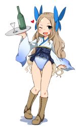 Rule 34 | &gt;:d, 10s, 1girl, :d, adapted costume, asakaze (kancolle), blue eyes, blush, boots, bottle, bow, commentary request, full body, hair bow, heart, kantai collection, leotard, light brown hair, long hair, nassukun, one eye closed, open mouth, pigeon-toed, smile, solo, thigh gap, tray, v-shaped eyebrows, wavy hair, white background, wide sleeves