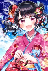 Rule 34 | 1girl, bag, black hair, blue sky, blush, bow, cloud, commentary request, day, double bun, fang, flower, fukumaru koito, hair bow, hair bun, hair flower, hair ornament, handbag, highres, idolmaster, idolmaster shiny colors, japanese clothes, kimono, koya (0okoya), looking at viewer, obi, open mouth, pink eyes, pink kimono, sash, skin fang, sky, solo, twintails, upper body, wide sleeves
