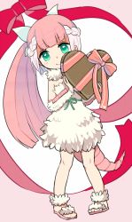 Rule 34 | 10s, 1girl, arm warmers, armadillo tail, belt, blunt bangs, blush, braid, candy, chocolate, chocolate heart, collar, dress, eyelashes, fairy wings, fingernails, food, french braid, full body, fur collar, green belt, green eyes, head wings, heart, high ponytail, holding, holding food, kemono friends, light purple hair, long hair, looking at viewer, multicolored background, multicolored hair, niigo, pink background, pink fairy armadillo (kemono friends), pink hair, red ribbon, ribbon, sandals, side ponytail, sleeveless, sleeveless dress, smile, solo, standing, strapless, strapless dress, tail, tareme, two-tone hair, valentine, very long hair, white background, white dress, wings