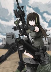 Rule 34 | 1girl, absurdres, assault rifle, asymmetrical legwear, belt, black footwear, blue sky, breasts, brown eyes, brown hair, building, cloud, commentary request, detached sleeves, foot out of frame, full body, girls&#039; frontline, gloves, green hair, green sweater, gun, hair between eyes, highres, holding, holding weapon, large breasts, long hair, looking at viewer, m4 carbine, m4a1 (girls&#039; frontline), m4a1 (mod3) (girls&#039; frontline), magazine (weapon), multicolored hair, nisoichi, outdoors, pouch, rifle, sitting, sky, sleeveless, sleeveless sweater, smile, solo, streaked hair, sweater, twitter username, vertical foregrip, weapon