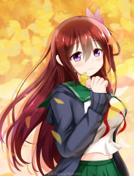 Rule 34 | 1girl, absurdres, breasts, brown hair, commentary request, ginkgo leaf, green skirt, hair ornament, highres, holding, holding leaf, jacket, kantai collection, kisaragi (kancolle), kisaragi kai ni (kancolle), kisaragi mizuto, large breasts, leaf, light blush, long hair, long sleeves, looking at viewer, midriff, navel, neck ribbon, orange background, pleated skirt, purple eyes, red ribbon, ribbon, sailor collar, skirt, smile, solo, upper body