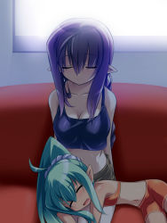 Rule 34 | blue hair, breasts, character request, cleavage, green hair, katami shinta, long hair, pointy ears, sleeping, source request