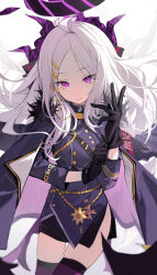 Rule 34 | 1girl, absurdres, adjusting clothes, adjusting gloves, ahoge, black gloves, black jacket, black wings, blue archive, closed mouth, commentary, gloves, hair ornament, halo, highres, hina (blue archive), horns, jacket, jacket on shoulders, long hair, looking at viewer, low wings, military, military uniform, parted bangs, pencil skirt, purple eyes, purple horns, purple thighhighs, shenqi de (9), skirt, solo, thighhighs, thighs, uniform, white hair, wings