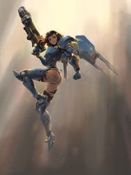 Rule 34 | 1girl, alex lee, arm at side, armor, ass, black hair, black panties, broken armor, brown eyes, clenched hand, closed mouth, dark-skinned female, dark skin, facial mark, finger on trigger, from side, full body, gun, hair ornament, highres, leg up, lips, looking back, overwatch, overwatch 1, panties, pharah (overwatch), power armor, sky, solo, sunlight, tattoo, torn clothes, underwear, weapon