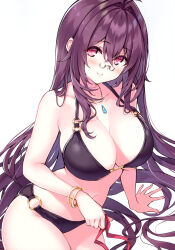 Rule 34 | 1girl, absurdres, arm support, bare shoulders, bikini, blush, bracelet, breasts, brown hair, cleavage, closed mouth, cu-no, glasses, highres, hisen kaede, jewelry, kokonoe tamaki, large breasts, long hair, looking at viewer, necklace, o-ring, o-ring bikini, red eyes, scan, simple background, smile, swimsuit, thighs, white background
