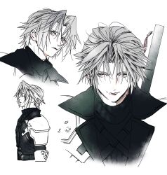 Rule 34 | 1boy, absurdres, aged down, armor, black jacket, chest strap, closed eyes, facing to the side, final fantasy, final fantasy vii, final fantasy vii ever crisis, grey hair, hair between eyes, half-closed eyes, highres, jacket, makotonishinsha, male focus, multiple views, parted bangs, sephiroth, short hair, shoulder armor, slit pupils, turtleneck, upper body, weapon, weapon on back, white background