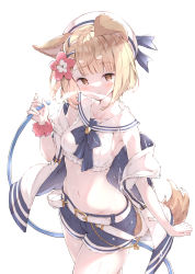 Rule 34 | 1girl, absurdres, animal ears, beret, blonde hair, blue shorts, blush, breasts, brown eyes, commentary request, dog ears, dog tail, erune, flower, granblue fantasy, hair flower, hair ornament, hat, hibiscus, highres, holding, holding hose, hose, looking at viewer, navel, sailor collar, scrunchie, shorts, simple background, small breasts, solo, tail, ukiwakisen, vajra (granblue fantasy), vajra (summer) (granblue fantasy), water, white background, white hat, wrist scrunchie