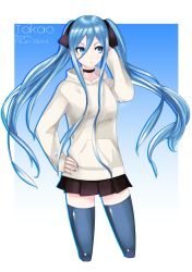 Rule 34 | 1girl, absurdres, aoki hagane no arpeggio, black choker, black skirt, blue background, blue eyes, blue hair, blue thighhighs, character name, choker, cowboy shot, gradient background, hand on own hip, highres, long hair, looking to the side, mole, mole under mouth, pleated skirt, ponytail, silenxe, skirt, solo, sweater, takao (aoki hagane no arpeggio), thighhighs, twintails, white sweater