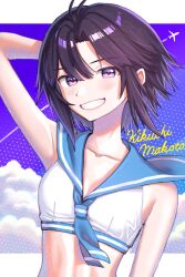 antenna_hair arm_at_side bare_shoulders blue_sailor_collar grin hair_between_eyes idolmaster idolmaster_(classic) idolmaster_million_live! idolmaster_million_live!_theater_days kikuchi_makoto looking_at_viewer navel purple_eyes puruchamu sailor_collar sailor_swimsuit_(idolmaster) smile