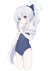 Rule 34 | 1girl, bare shoulders, blue archive, blue bow, blue one-piece swimsuit, blush, bow, closed mouth, collarbone, covered navel, cram960, cropped legs, frills, grey hair, hair between eyes, hair bow, halo, hands on own chest, highres, long hair, looking at viewer, miyako (blue archive), miyako (swimsuit) (blue archive), off shoulder, one-piece swimsuit, ponytail, purple eyes, school swimsuit, simple background, solo, swimsuit, white background
