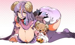 Rule 34 | 1girl, all fours, breasts, character request, cleavage, copyright request, goat horns, hanging breasts, horns, huge breasts, kafun, long hair, o-ring, o-ring top, purple hair, smile, solo, thighhighs, yellow eyes