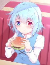 Rule 34 | 1girl, :t, blue eyes, blue hair, blue vest, burger, closed mouth, cross-laced clothes, eating, food, heterochromia, holding, holding food, indoors, juliet sleeves, long sleeves, looking at viewer, puffy sleeves, red eyes, saisyuusensi, shirt, short hair, sitting, smile, solo, tatara kogasa, touhou, upper body, vest, white shirt