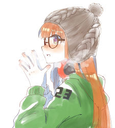 Rule 34 | 1girl, arms up, beanie, black headwear, blunt bangs, blush, contrail, glasses, green hoodie, hands together, hands up, hat, headphones, headphones around neck, headphones removed, hime cut, hood, hood down, hoodie, long hair, mcmcknk, open mouth, orange hair, persona, persona 5, persona 5 the royal, pom pom (clothes), purple eyes, sakura futaba, simple background, solo focus, teeth, white background