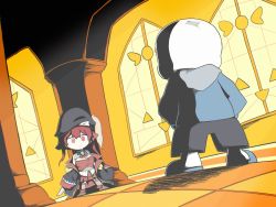 Rule 34 | akainu pony, chibi, coat, covered navel, crossover, empty eyes, hat, heterochromia, highres, holding, holding knife, hololive, hood, hoodie, houshou marine, knife, off-shoulder coat, off shoulder, pillar, pirate hat, red eyes, red hair, sans (undertale), shadow, skirt, slippers, thighhighs, twintails, undertale, virtual youtuber, yellow eyes