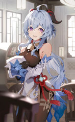 Rule 34 | 1girl, ahoge, bare shoulders, bell, black gloves, black legwear, blue hair, blush, breasts, chinese knot, commentary, detached sleeves, flower knot, ganyu (genshin impact), genshin impact, gloves, gold trim, highres, holding, holding paper, horns, indoors, long hair, looking at viewer, medium breasts, motto (night wear), neck bell, open mouth, paper, purple eyes, red rope, rope, sideboob, sidelocks, sketch, smile, solo, standing, tassel, thighlet, vision (genshin impact), white sleeves