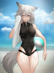 Rule 34 | 1futa, animal ears, arknights, ball, beach, beachball, black one-piece swimsuit, blue sky, blush, breasts, bulge, cloud, cloudy sky, covered erect nipples, covered testicles, cowboy shot, day, drying, futanari, gins, grey hair, hair between eyes, highres, holding, holding ball, holding beachball, holding towel, long hair, looking at viewer, medium breasts, no jacket, ocean, official alternate costume, one-piece swimsuit, one eye closed, outdoors, paid reward available, projekt red (arknights), projekt red (light breeze) (arknights), sand, sky, solo, swimsuit, tail, testicles, thighs, towel, v-shaped eyebrows, water, wet, wolf ears, wolf girl, wolf tail, yellow eyes, zipper pull tab