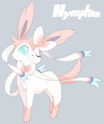 Rule 34 | 10s, ;), blue eyes, creatures (company), full body, game freak, gen 6 pokemon, head tilt, looking at viewer, name tag, nintendo, no humans, one eye closed, pokemon, pokemon (creature), pokemon xy, ribbon, shigino sohuzi, simple background, smile, standing, sylveon, wink