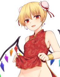 Rule 34 | 1girl, :d, alternate costume, alternate hairstyle, bare arms, bare shoulders, blonde hair, bracelet, breasts, bun cover, china dress, chinese clothes, clothes lift, commentary request, crystal, double bun, dress, dress lift, earrings, flandre scarlet, groin, hair between eyes, hair bun, jewelry, lifted by self, looking at viewer, miyo (ranthath), open mouth, out-of-frame censoring, red dress, red eyes, short dress, short hair, simple background, sleeveless, sleeveless dress, small breasts, smile, solo, touhou, upper body, white background, wings