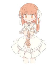 Rule 34 | 1girl, blade (galaxist), blush, bow, commentary request, copyright request, cowboy shot, dress, fang, hair bow, hands up, long hair, looking at viewer, orange bow, orange eyes, orange hair, parted lips, short sleeves, simple background, solo, white background, white bow, white dress, wrist cuffs