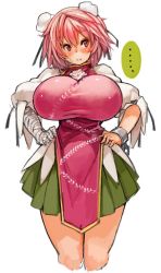 Rule 34 | 1girl, bandaged arm, bandages, blouse, breasts, bun cover, chain, cropped legs, cuffs, double bun, green skirt, hands on own hips, huge breasts, ibaraki kasen, impossible clothes, miniskirt, pink hair, pleated skirt, puffy short sleeves, puffy sleeves, red eyes, sachito, shirt, short hair, short sleeves, simple background, sketch, skirt, solo, standing, sweat, tabard, touhou, white background, white shirt