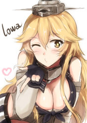 Rule 34 | 10s, 1girl, absurdres, blonde hair, blowing kiss, breasts, cleavage, elbow gloves, fingerless gloves, front-tie top, gloves, headgear, highres, iowa (kancolle), kantai collection, kiss, large breasts, looking at viewer, o3o, one eye closed, solo, star-shaped pupils, star (symbol), symbol-shaped pupils, yellow eyes, yinzhai