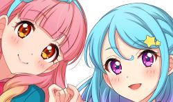 Rule 34 | 10s, 2girls, :d, aikatsu!, aikatsu! (series), aikatsu friends!, blue hair, blush, brown eyes, closed mouth, commentary request, gradient hair, hairband, hand up, lips, looking at viewer, minato mio, multicolored hair, multiple girls, open mouth, pink hair, purple eyes, sekina, simple background, smile, white background, yuki aine