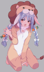 Rule 34 | 1girl, :o, animal costume, animal ears, arm support, barefoot, blue hair, blush stickers, braid, breasts, carrot hair ornament, claw pose, cosplay, cream (nipakupa), don-chan (usada pekora), food-themed hair ornament, food themed hair ornament, grey background, hair ornament, hikimayu, hololive, kigurumi, kneeling, lion costume, lion hood, long hair, looking at viewer, multicolored hair, open mouth, orange eyes, rabbit ears, short eyebrows, small breasts, solo, teeth, thick eyebrows, twin braids, twintails, two-tone hair, upper teeth only, usada pekora, v-shaped eyebrows, virtual youtuber, white hair