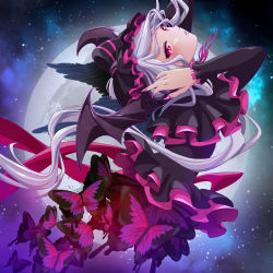 Rule 34 | 1girl, black wings, bug, butterfly, gothic lolita, insect, k-ta, lolita fashion, long hair, moon, overlord (maruyama), red eyes, shalltear bloodfallen, sky, solo, star (sky), starry sky, white hair, wings