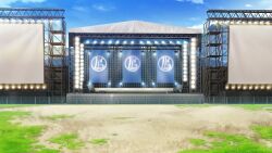 Rule 34 | blue sky, building, cloud, day, dirt, fence, film grain, game cg, grass, izumi tsubasu, light bulb, no humans, non-web source, official art, outdoors, re:stage!, scenery, screen, sky, speaker, stage, stage lights