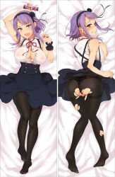 Rule 34 | 10s, 1girl, :d, ass, bare shoulders, bed sheet, black panties, black pantyhose, blush, breast press, breasts, butt crack, candy, cleavage, covered erect nipples, curvy, dagashi kashi, dakimakura (medium), drooling, female focus, female masturbation, food, from behind, full body, hairband, headband, heart, heart-shaped pupils, high-waist skirt, highres, large breasts, legs, licking lips, looking at viewer, looking back, lying, masturbation, nail polish, naughty face, nipples, no bra, no shoes, on back, open clothes, open mouth, open shirt, panties, panties under pantyhose, pantyhose, pochi (pochi-goya), profile, purple eyes, purple hair, pussy juice, red nails, saliva, see-through, shidare hotaru, shirt, short hair, simple background, skirt, sleeveless, smile, solo, symbol-shaped pupils, thighs, tongue, tongue out, torn clothes, torn pantyhose, underwear