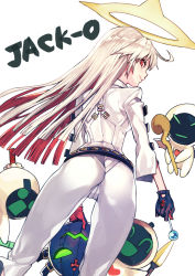 Rule 34 | 1girl, ^ ^, ahoge, ass, back, belt, black gloves, blonde hair, character name, closed eyes, spiked halo, gloves, guilty gear, guilty gear xrd, half-closed eyes, halo, highres, holding, holding sword, holding weapon, jack-o&#039; valentine, jacket, legs apart, long hair, long sleeves, looking at viewer, looking back, mask, pants, red eyes, solo, standing, subachi, sword, thick eyebrows, unworn mask, v-shaped eyebrows, very long hair, wavy mouth, weapon, wide-eyed