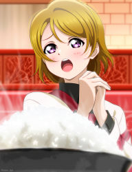 Rule 34 | 1girl, absurdres, artist name, artist request, blush, bowl, breasts, brown hair, close-up, collared shirt, dress shirt, female focus, food, hair between eyes, highres, indoors, isami don, koizumi hanayo, long sleeves, looking at viewer, love live!, love live! school idol project, nail, nail polish, own hands together, parted lips, pink nails, pink nails, purple eyes, rice bowl, shirt, short hair, smile, solo, upper body